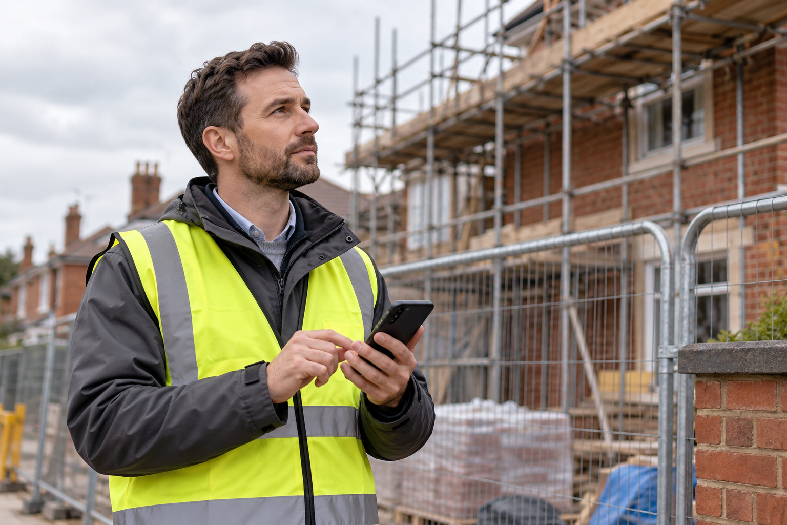 Illustrative field salesperson observing a construction site while holding a smartphone