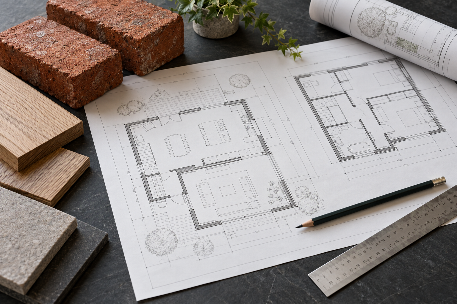 Illustrative architectural drawings beside brick and timber construction samples