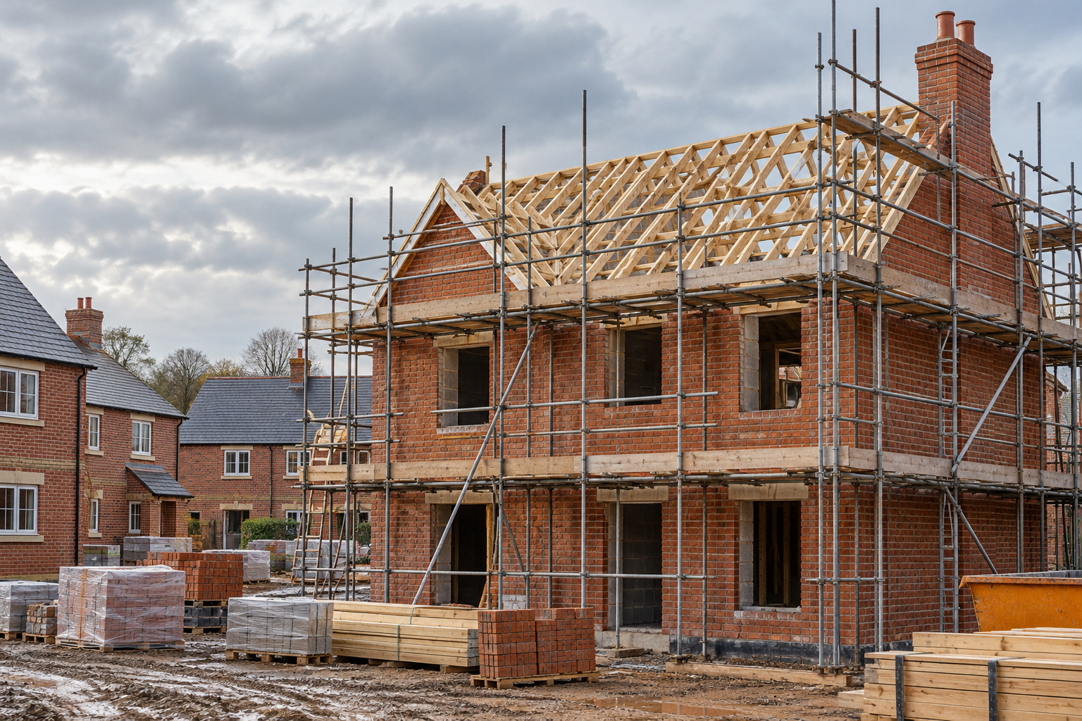 Illustrative UK-style residential construction with brickwork, timber roofing and scaffolding